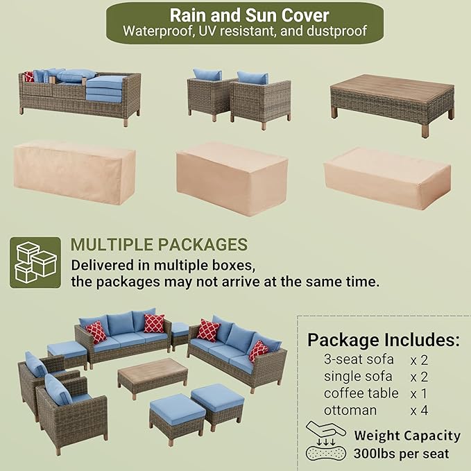 9 Pieces Outdoor Patio Furniture Sets, Wicker All Weather Sectional Sofa with Metal Top Coffee Table, Rattan Conversation Set Outdoor Patio Couch Furniture for Backyard, Garden, Porch, Poolside, Blue
