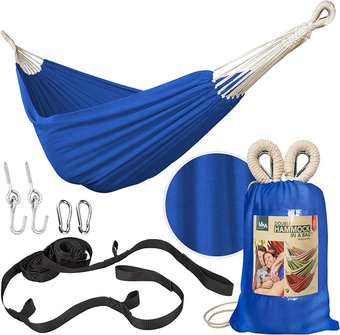 Bliss Hammocks 60" W Double Outdoor Hammock with Hand-Woven Rope Loops & Tree Straps, Patio, Durable, Cotton/Polyester, 265 Lbs Capacity, Dark Blue