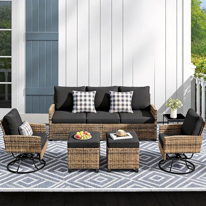 6 Piece Outdoor Furniture Set, Rattan Patio Furniture with 2 Swivel Chairs, 3-Seat Sofa, 2 Ottoman & Side Table, All-Weather Conversation Set for Porch Garden Lawn Balcony (Brown & Black)