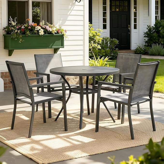 MEOOEM 5-Piece Patio Dining Set for 4, Outdoor Round Tables and Textilene Sling Chairs Set of 4, All Weather Heavy Duty Outdoor Patio Table and Chairs for Outside, Deck, Garden, Backyard