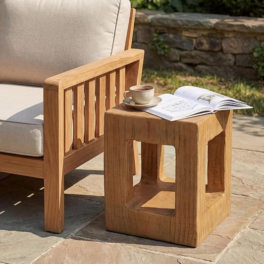 Christopher Knight Home Gogan 20.08" H Lightweight Concrete Outdoor Side Table, Square MGO Patio End Table, Wood-Like Texture Coffee Table, No Assembly Garden Plant Stand Indoor/Outdoor, Light Brown