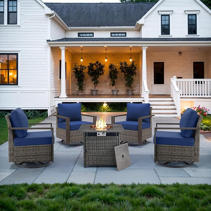 Belord Social 5 Pieces Patio Furniture Set - Swivel Rocker Glider Outdoor Chairs Set of 4 with 50000BTU Propane Fire Pit Table, Durable Wicker Outdoor Conversation Set for Casual Gathering