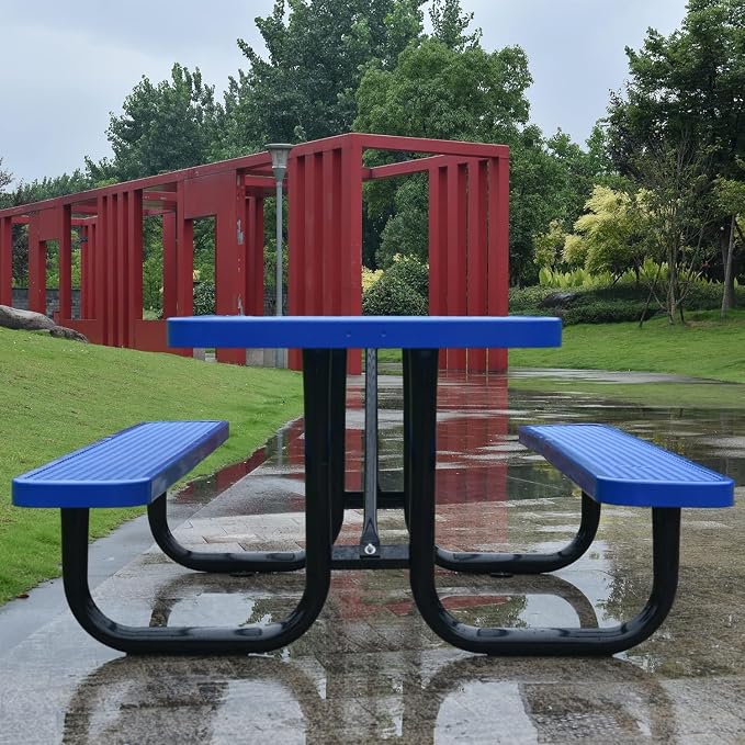 72" Rectangular Metal Picnic Table for 4-8 Person, Durable Heavy Duty Commercial Picnic Table up to 2800 lbs for Outdoor Coffee Shop, School, Hospital, Easy to Install, Blue