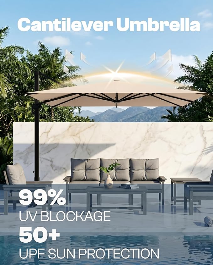 9x9 FT Square Cantilever Umbrella,Easy Tilt, Fade Resistant & 360° Rotation, Offset for Pool Deck Backyard Patiobeige (Base not Included)