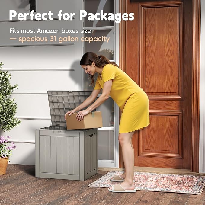 LubanNese Outdoor Storage Box, Waterproof Deck Box, Outdoor Patio Storage Bin, Weatherproof (Grey, 31 Gallon)