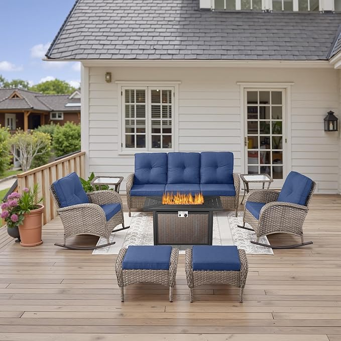 Belord Patio Furniture Set with Fire Pit Table - 8 Piece Outdoor Wicker Furniture Set with 43" 50000 BTU Propane Fire Pit and Rocking Chairs Patio Conversation Set for Deck Outside Backyard Blue