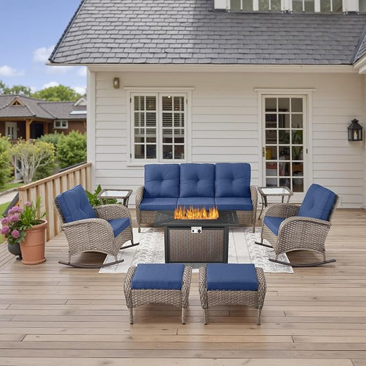 Belord Patio Furniture Set with Fire Pit Table - 8 Piece Outdoor Wicker Furniture Set with 43" 50000 BTU Propane Fire Pit and Rocking Chairs Patio Conversation Set for Deck Outside Backyard Blue