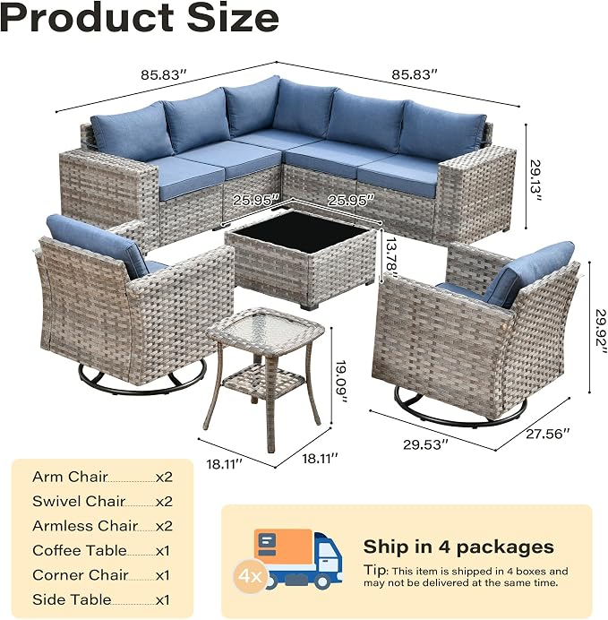 9 Pieces Patio Furniture Set, Wicker Outdoor Sectional Sofa with Swivel Chair Comfy Cushions, Modern Modular Deep Seat Rattan Couch Conversation Set for Backyard Porch Yard,Denim Blue