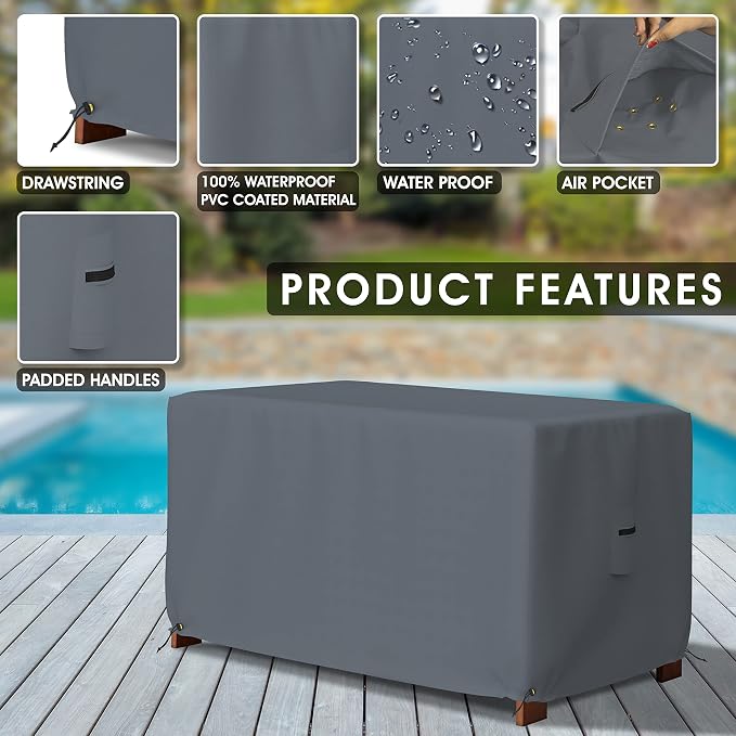 Covers & All Patio Deck Box Cover - Heavy Duty 12 Oz Waterproof Outdoor Yard Cushion Storage Box Protection 100% Weather Resistant with Air Pockets and Drawstring. (52" W X 27" D X 27" H, Grey)