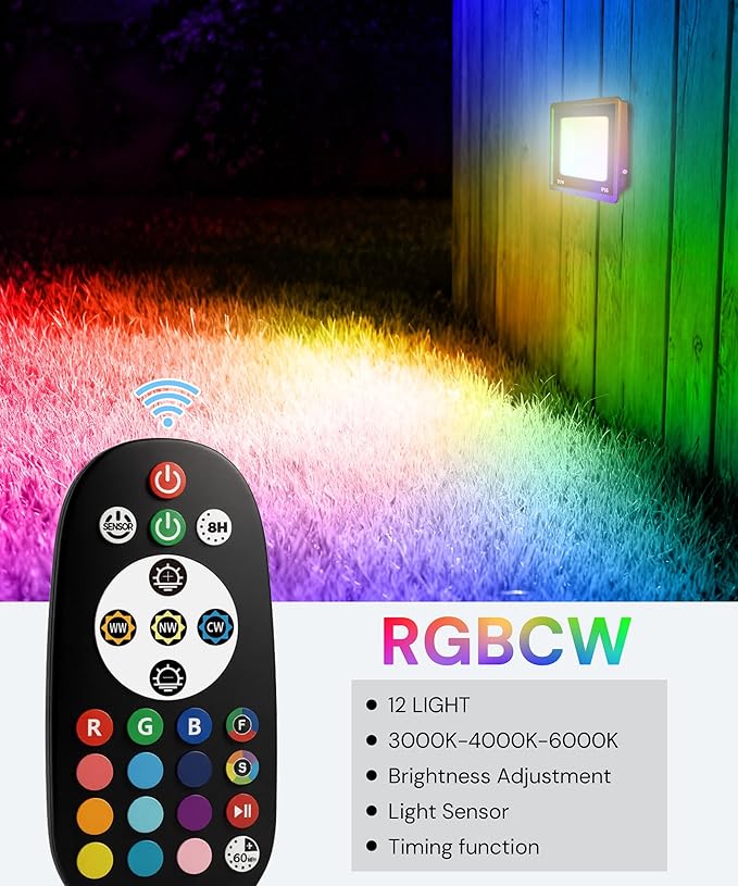 L LOHAS LED 30W Flood Light Outdoor, RGB Landscape Lighting with Remote Control, Timing - 2700K/4500K/6500K - Color Changing for Patio Backyard Step Wall, IP66, US 3-Plug, UL Listed (2 Pack)