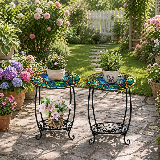 Cinnvoice 2 Pcs Outdoor Side Table Small Patio Round Mosaic Accent End Table Indoor Plant Metal Coffee Tea Tables for Patio Yard Porch Garden Living Room(10" and 12",Butterfly Style)