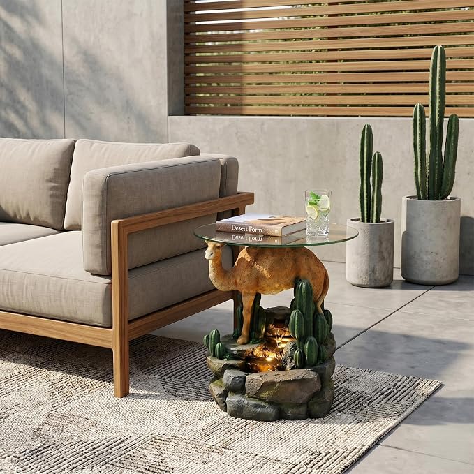 Camel & Cacti Side Table with 4-Tier LED Waterfall Resin Sculpture End Table Glass Top Indoor Outdoor for Patio Garden Living Room