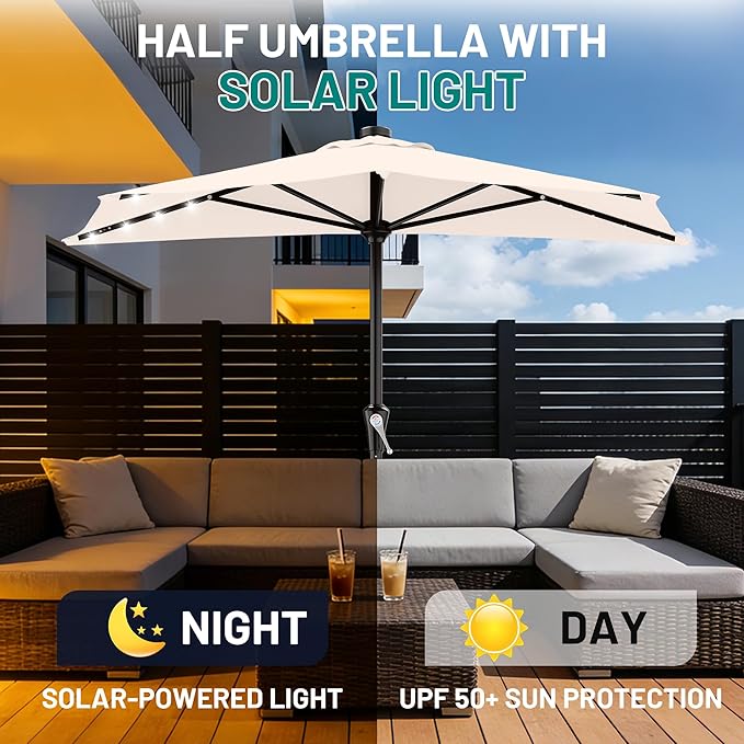 AreShark 9ft Patio Half Umbrellas with Solar Lights, 1/2 LED Half Outdoor Umbrella w/ 20 LED Lights, Lighted Table Wall Umbrella with Crank & 5 Sturdy Ribs for Market, Pool, Deck, Lawn and Garden, Cream White