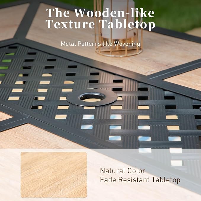 SUNSHINE VALLEY 61" Patio Dining Table for 6,Teak Color Rectangle Patio Table with Umbrella Hole,E-Coating and Powder Coating Steel Frame Metal Outdoor Patio Table for Garden Backyard Lawn Yard