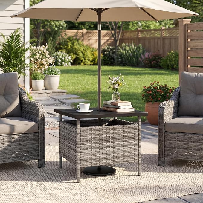 HAPPYGRILL Patio Umbrella Table Stand, Rattan Outdoor Side Table with Umbrella Hole, PE Wicker Frame, for Patio Garden Deck Poolside