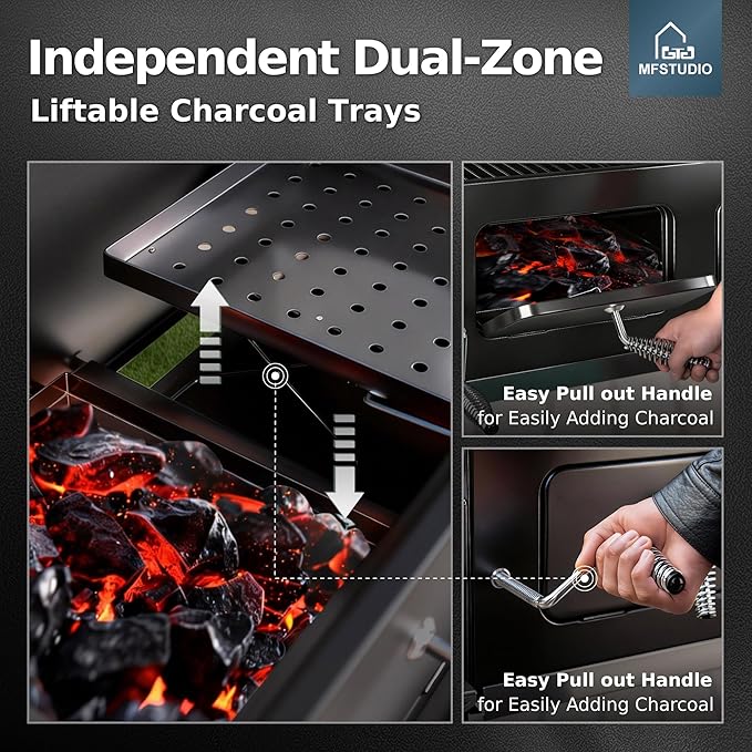 MFSTUDIO 49" 2 in 1 Charcoal Grill & Smoker Combo, Outdoor Grill with Enamel Coated Charcoal Tray, 1015 SQ.IN Cooking Area, Adjustable Top Vent and Chimney for Outdoor Grilling