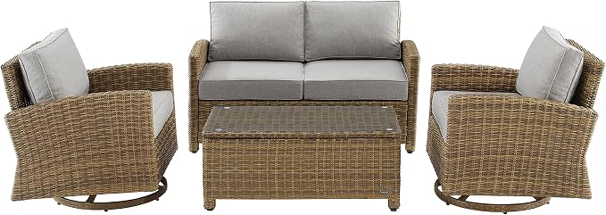 Crosley Furniture Bradenton 4-Piece Wicker Outdoor Loveseat and Swivel Rocker Patio Furniture Set for Porch, Brown with Gray Cushions