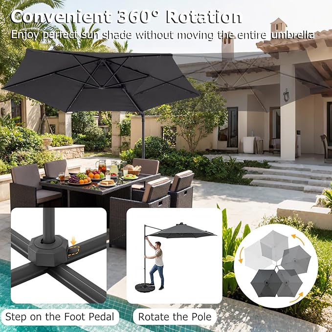 Tangkula 10ft Patio Umbrella with Solar Lights, Offset Cantilever Outdoor Umbrella with LED Lights, 360 Degree Rotation, Air Vent for Pool Deck Garden Backyard (Gray)