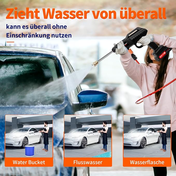 21V Cordless Pressure Washer with 2*2000mAh Battery, 1500W Portable Pressure Washer, High Jet Washer Kit with 2 Nozzles(0°,40°), 16.4FT Hose, Connector, Foam Bottle Pressure Cleaner for Car