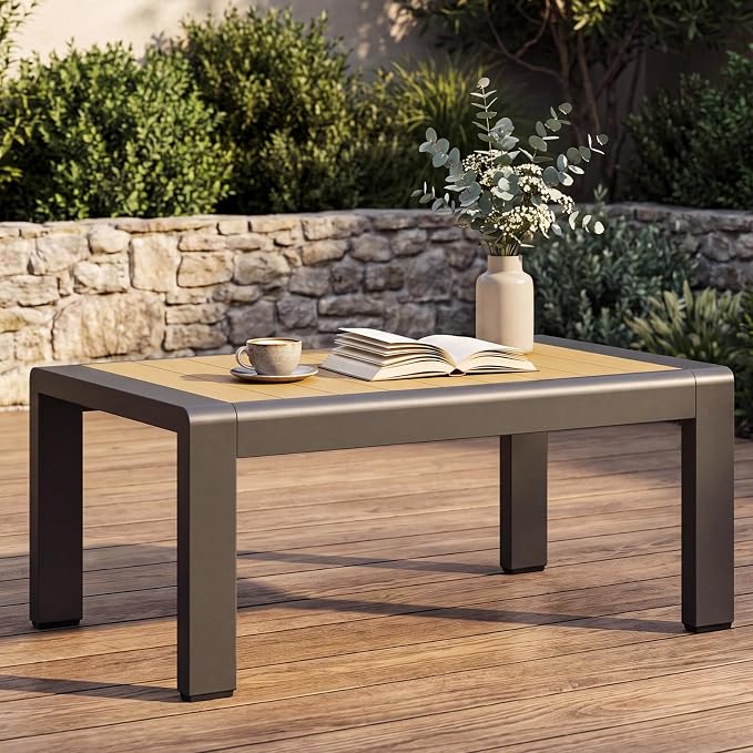 Aoxun Aluminum Patio Coffee Table, All-Weather Outdoor Metal Coffee Table with Stylish Tabletop for Balcony, Garden, Dark Grey