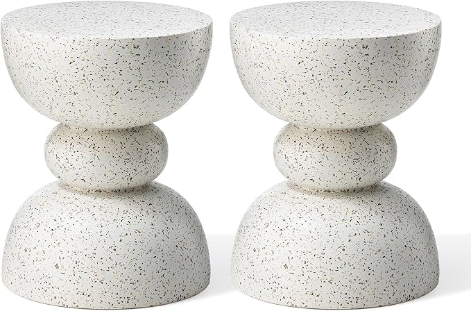Glitzhome Outdoor Side Table, Round Small End Table with White Terrazzo Finish MGO Garden Stool, Set of 2 Lightweight Decorative Accent Table for Living Room Planter Stand Patio Backyard Pool Porch