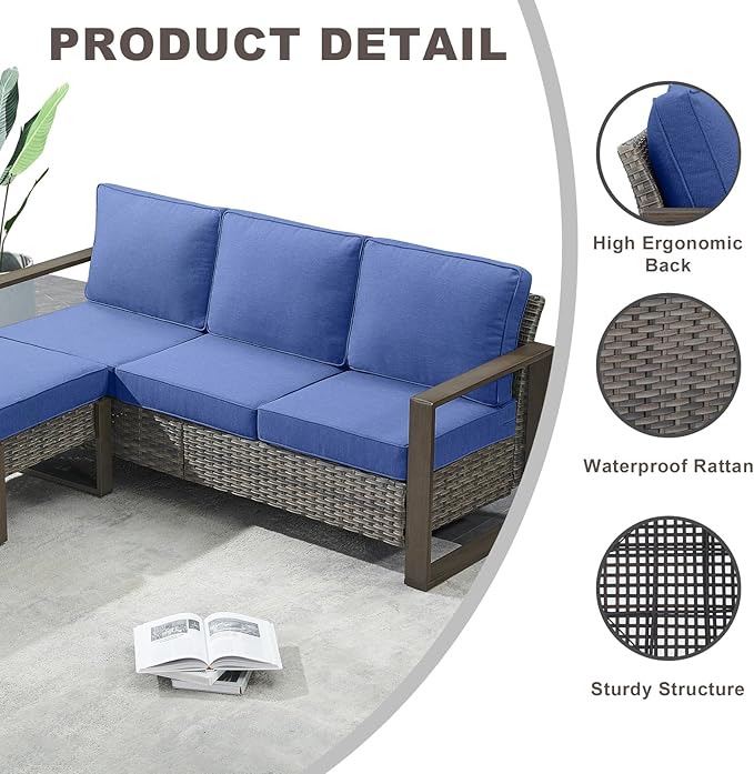 Rilyson Outdoor Wicker Patio Furniture Set - 7 Piece Patio Conversation Set with 4 Wicker Swivel Rocker Chairs,2 Rattan Ottoman and 1 Couch,Thick Cushions,Deep Seating,Wide Armrest(Mixed Grey/Blue)