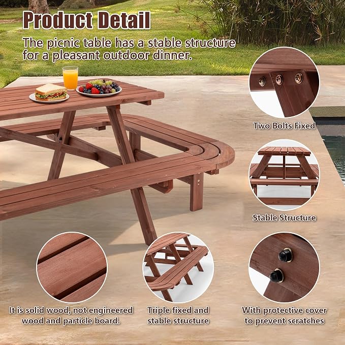 Hohuqeri Wood Picnic Table, 94.5" Tabletop with Umbrella Hole, 16 Person Outdoor Wooden Picnic Table Bench Set for Patio, BBQ, Dining, Brown