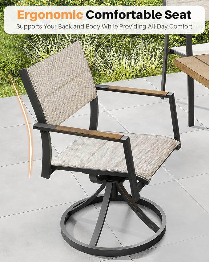 Swivel Patio Chairs Set Set of 2, Never-Rust Aluminum Outdoor Dining Chairs, Patio Swivel Dining Chairs with Upgraded 3D Double-Layer Textilene, Outdoor Swivel Chairs for Deck, Garden, Teak
