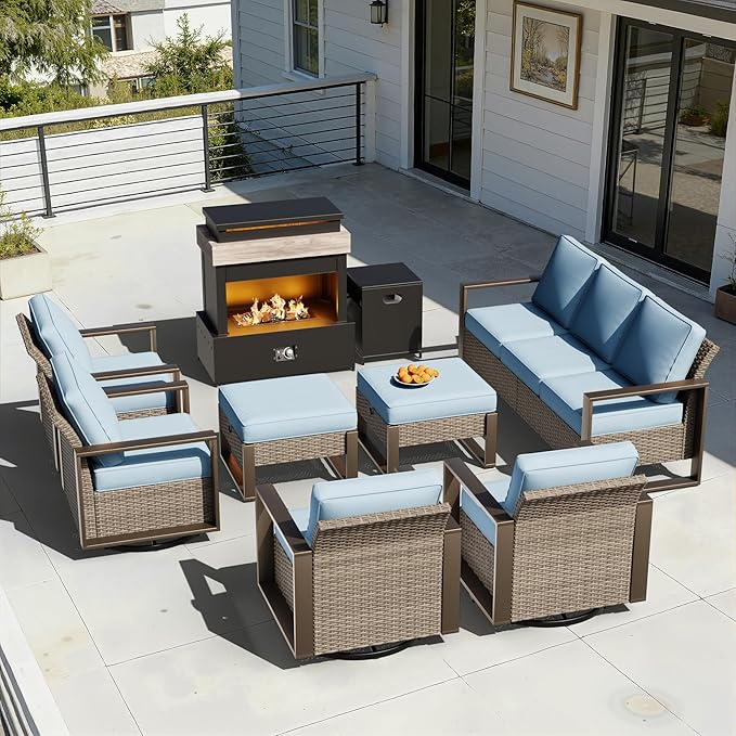 8 Pieces Metal Wicker Patio Furniture Set - 75" Sofa, Four Swivel Chairs and Two Ottomans, One Fireplace All Weather Rattan Outdoor Conversation Furniture with Washable Cushion for Deck, Baby Blue