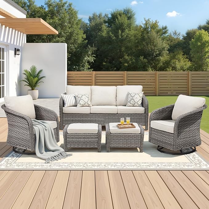 Belord 5 Pieces Patio Furniture Sets - All Weather Outdoor Swivel Rocker Patio Chairs with 3-Seat Sofa and Multifunctional Ottomans, Outdoor Conversation Set for Porch Balcony Yard Grey/Beige