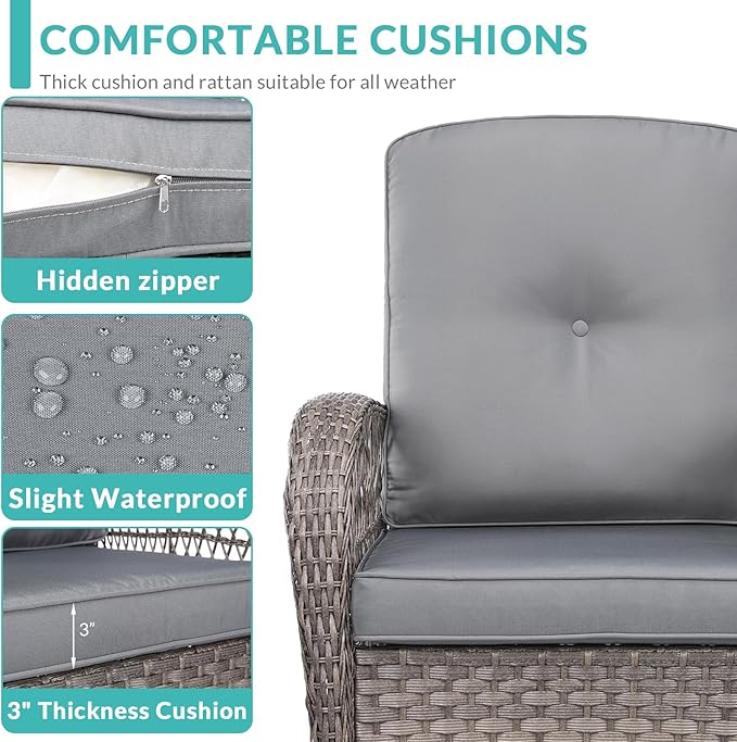 MEETWARM 5 Pieces Outdoor Patio Rattan Furniture Sets, All Weather Patio Wicker Conversation Set - 2 Rocking Swivel Chairs 1 Rattan Loveseat Glider w/Cushions, 2 Glass-Top Coffee Table, Gray