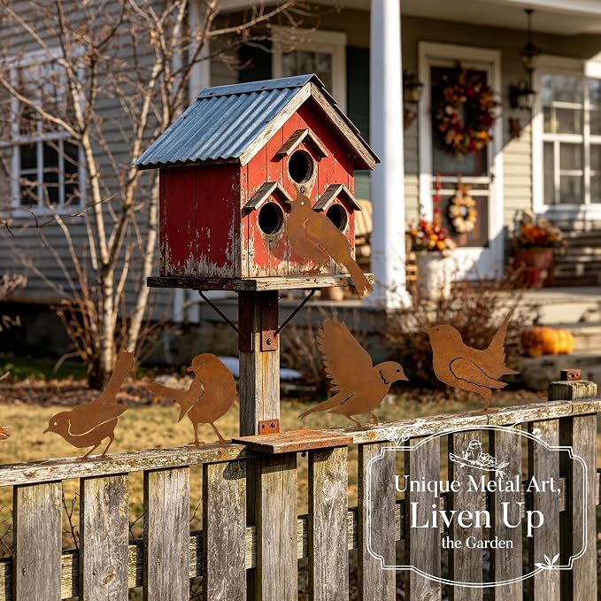 RELBRO Rusty Birds Silhouettes Outdoor Decoration, Metal Fence Art, 5 Pcs | 5 Lifelike Bird Silhouettes, Rustic Finish, Vintage Garden Yard Decor for Fence Gate Window Tree Topper