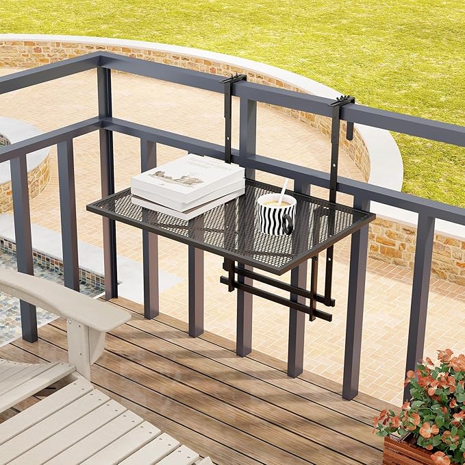 HAPPYGRILL Balcony Railing Table, Outdoor Folding Hanging Table with 5 Adjustable Heights, Heavy Duty Metal Hanging Bar Table for Patio, Garden and Deck