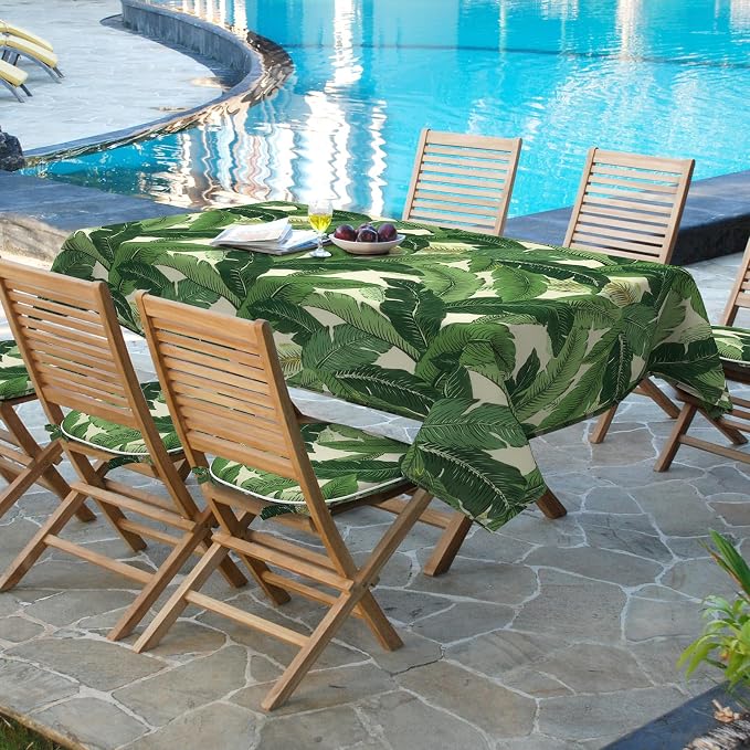 DYTXIII Outdoor Rectangle Tablecloth with Umbrella Hole and Zipper 84" x 60", Water Repellent Floral Picnic Cover, Fade & Wrinkle Resistant Tablecloth for Patio/Garden/Party Table, Palms Green