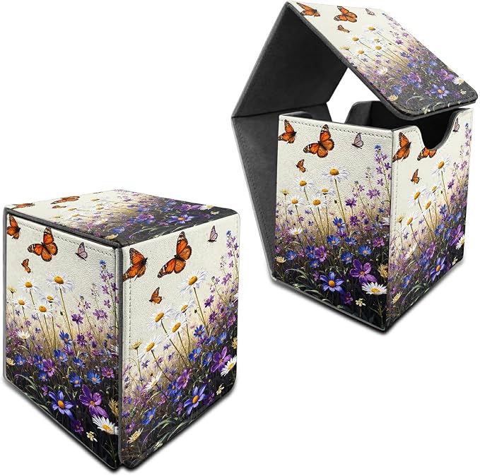 Purple Flower Butterfly Card Deck Box for MTG, Personalized Card Storage Case Fits 120+ Sleeved Cards, Premium Leather TCG Box with Strong Magnetic Closure for Magic, PTCG, Baseball Cards