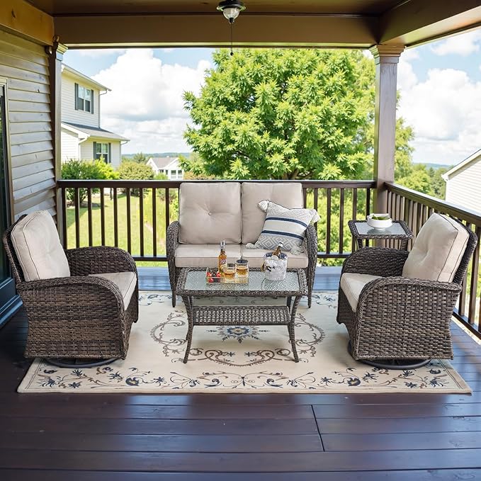 Belord 5-Piece Patio Furniture - Outdoor Conversation with Deep Seating Swivel Rocker Chairs Loveseat and Rattan Coffee Table, Brown with Beige Cushion