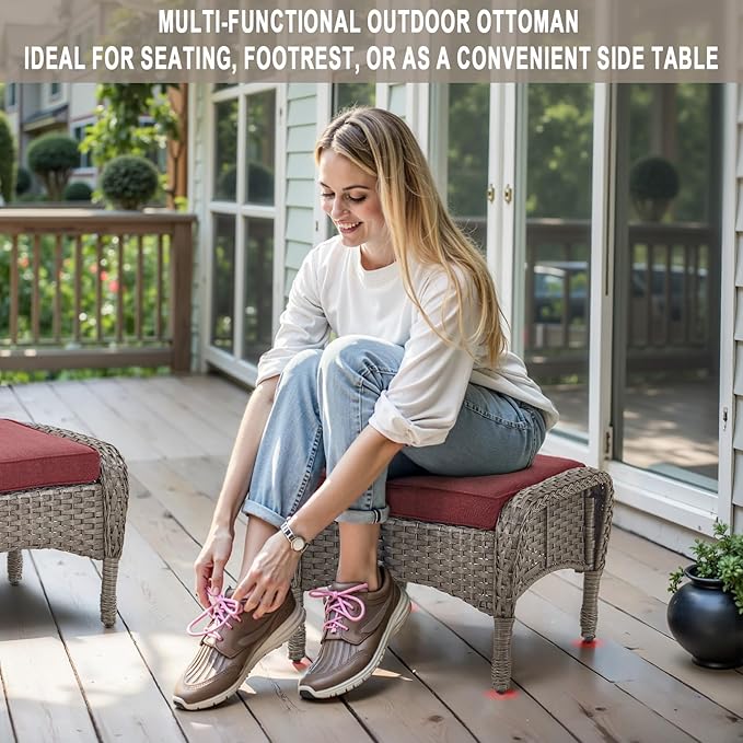 Belord Wicker Outdoor Furniture Set - 7 Piece Patio Conversation Sets with Comfort Swivel Rocker Glider Patio Chairs Set of 2 and Rattan Sofa, Tempered Glass Coffee Table and Side Table,Gray/Red