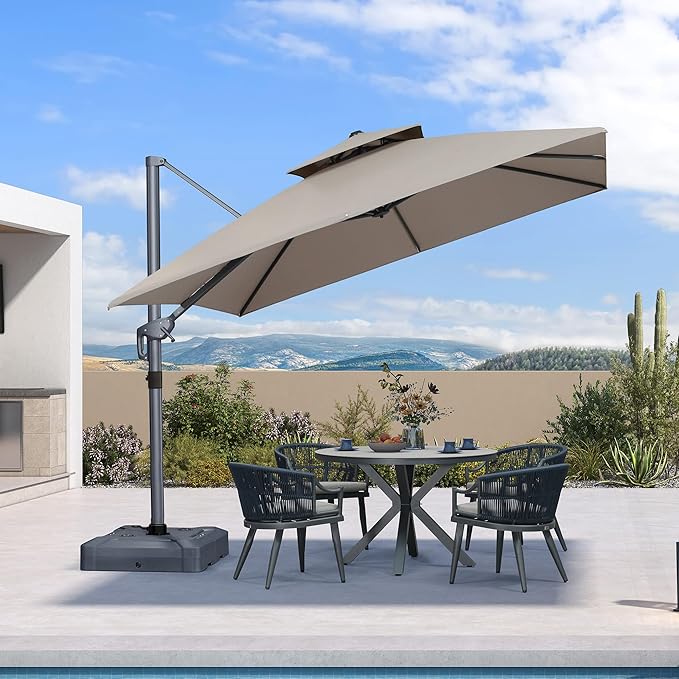 PURPLE LEAF 10 FT Cantilever Umbrella Outdoor Patio Umbrella, Large Offset Square Umbrellas, Windproof Heavy Duty Hanging Outside Umbrellas for Patio, Ash Mocha
