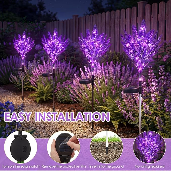 VIHOSE 4 Pack Purple Solar Lavender Stake Lights IP65 Waterproof Outdoor LED Flower Light with Upgraded Solar Panel for Outside Yard Patio Landscape Lawn Garden Decorative for Mom Grandma Gifts