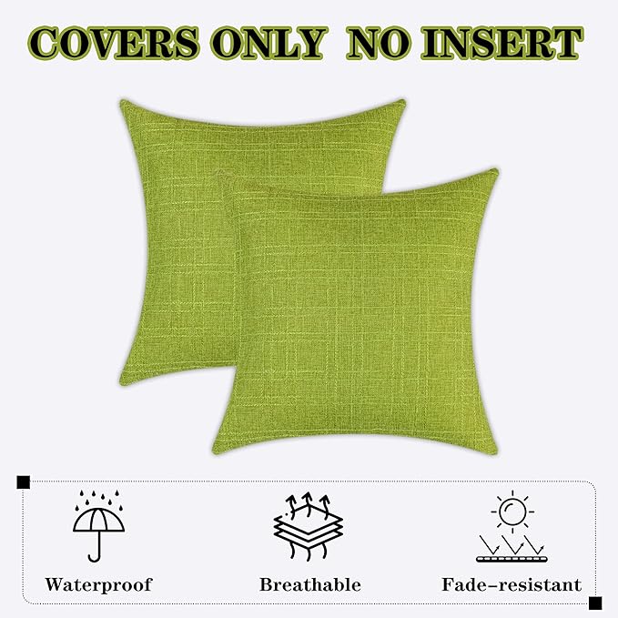 Kevin Textile Outdoor Waterproof 26”x26” Pillow Covers 2 Pack, Green | Water Resistant, Soft Faux Linen-cotton Yarn-dyed Woven Texture Throw Pillow Covers for Tent Patio Garden Couch Sofa