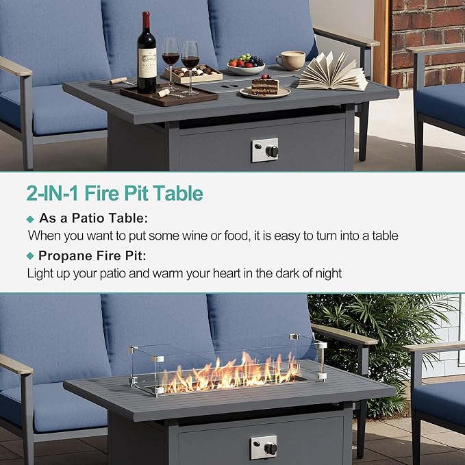 7-Seat Outdoor Patio Furniture Set with Rocking Swivel Chairs, Aluminum Sectional Sofa Patio Conversation Set with 55,000 BTU Fire Pit Table & High Backrest & Thickened Cushions, Navy Blue