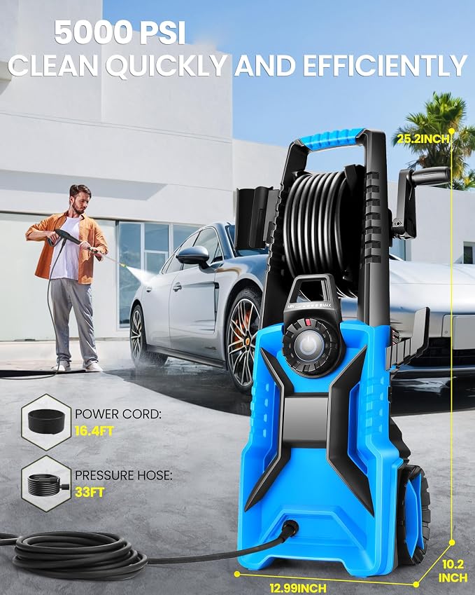 Electric Pressure Washer,5000 PSI Adjustable Pressure,4GPM Power Washer Electric Powered with Foam Cannon,4 Nozzle,33FT Hose and Soap Bottle for Home/Cars/Fences (Blue)