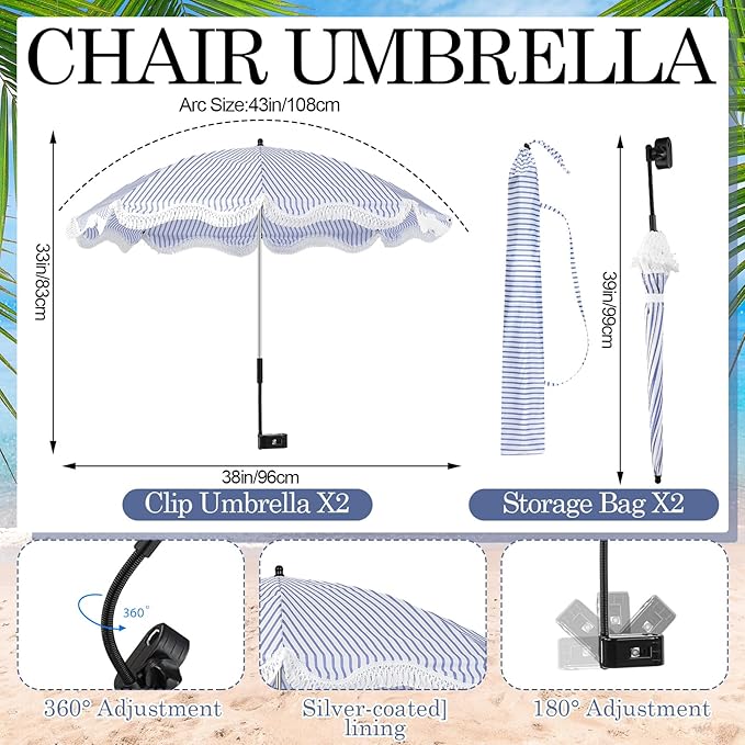 Abbylike 2 Pcs Scalloped Chair Umbrella with Universal Adjustable Clamp 38'' Portable Wheelchair Umbrella UPF 50+ Camping Chair Parasol with Bag for Outdoor Patio Lawn