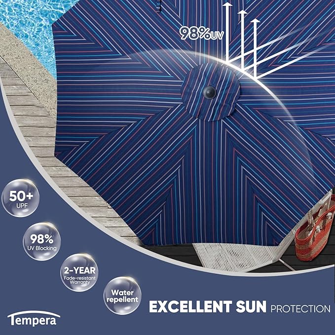 Tempera Patio Market Outdoor Table Umbrella with Auto Tilt and Crank, Large Sun Umbrella with Sturdy Pole & Fade Resistant Canopy, Easy to Set