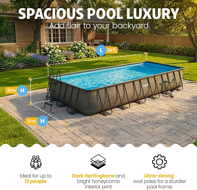 Funsicle Oasis Designer Lap 24' x 12'x 52" Rectangular Above Ground Swimming Pool, with FiltraBoost 1200 GPH Filter Pump, Ladder, Maintenance Kit, Cover, Ground Cloth & Repair Patch, Dark Herringbone