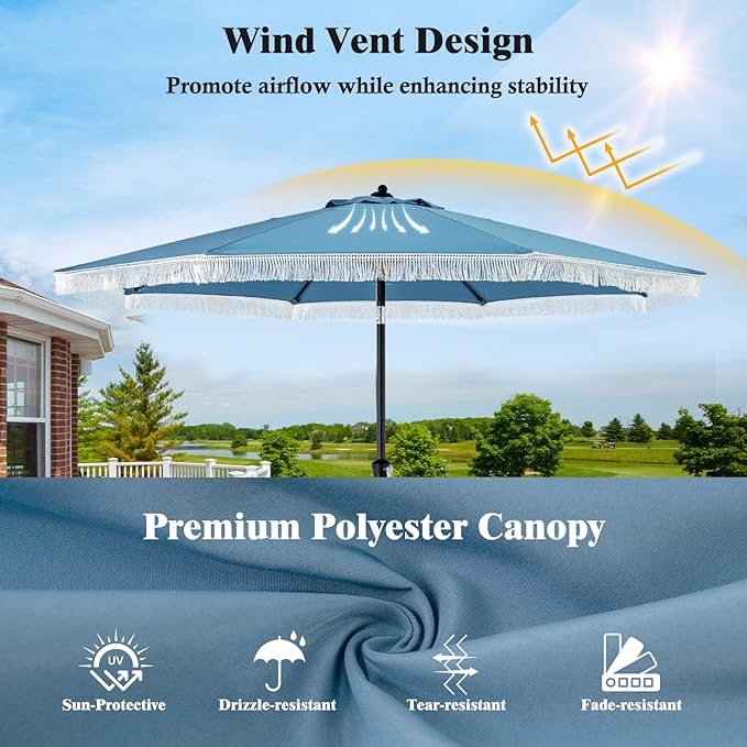 Tangkula 9Ft Patio Umbrella with Fringe, 2-Tier Outdoor Boho Umbrella with Tassels, Crank Handle, Push Button Tilt, Sun-Protective Canopy, 8 Ribs for Deck Backyard Poolside