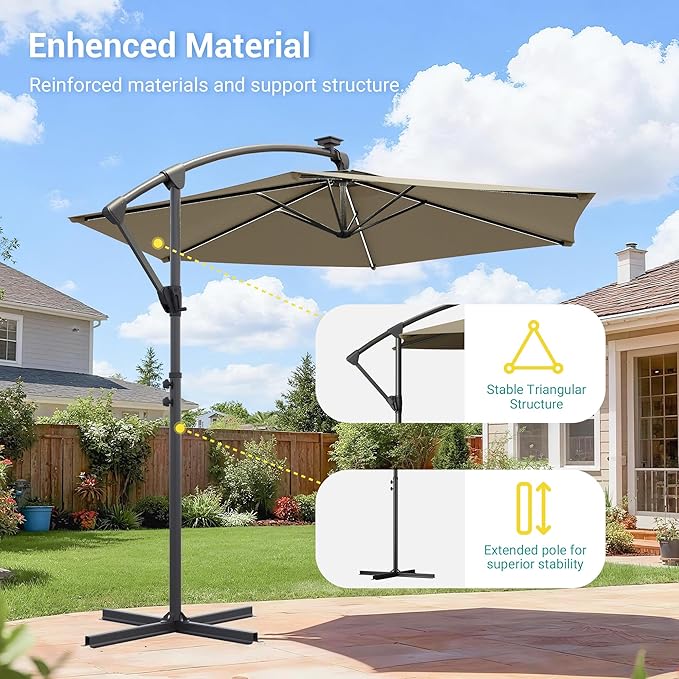 10ft Offset Patio Umbrella with Solar Light Strips,Outdoor Cantilever Hanging Umbrella with Cross Base, Fade Resistant Recycled Fabric, for Pool, Deck, Garden,Backyard,