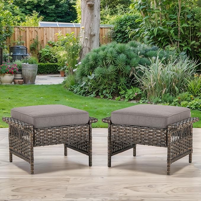 Patio Furniture Set with Fire Pit Table, 6PCS Patio Conversation Set Brown Resin Wicker Patio Chair Sofa Ottoman with 41in Rectangular Outdoor Fire Table PE Rattan Furniture Set