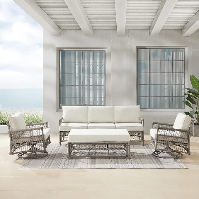 Crosley Furniture Thatcher 4-Piece Outdoor Sofa and Table Patio Furniture Set, Wicker Conversation Sets for Porch, Driftwood with Creme Cushions
