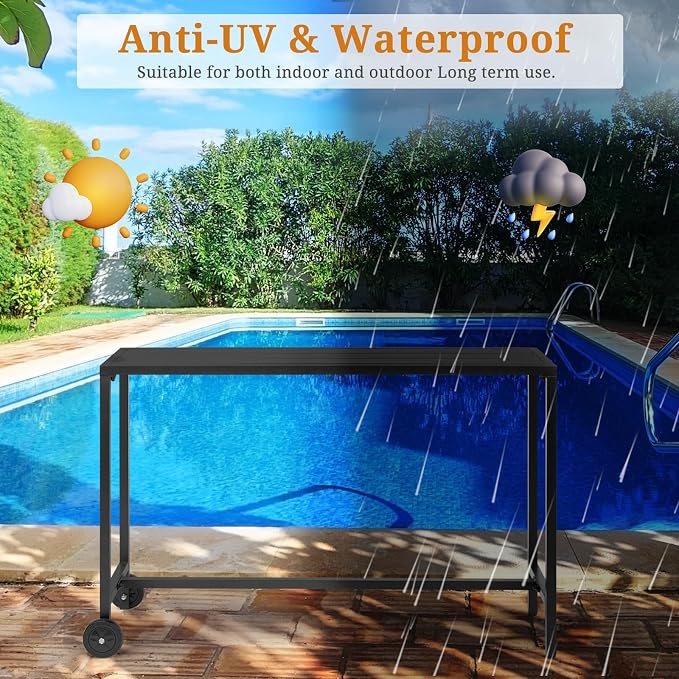 55" Outdoor Patio Bar Table,Rectangle Narrow Outdoor Counter Height Bar Table,Metal Patio Pub Bistro Cocktail Table,with Wheels,for Patio Garden Deck Yard Poolside Balcony (Black)